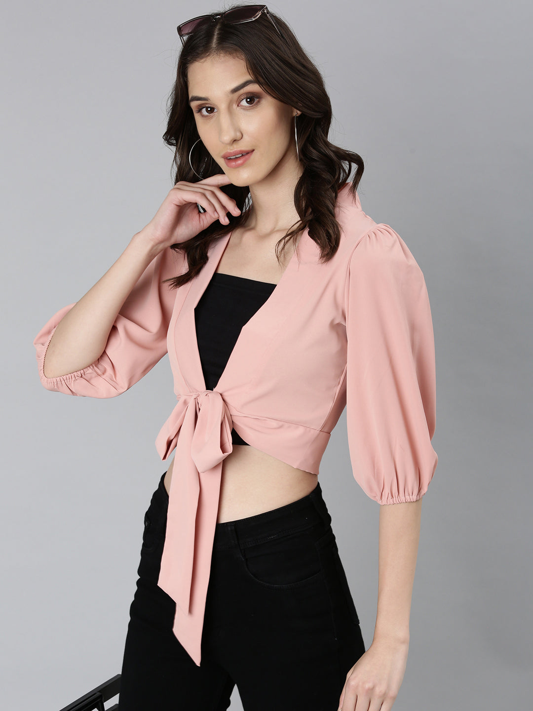 Women Peach Solid Wrap Crop Top