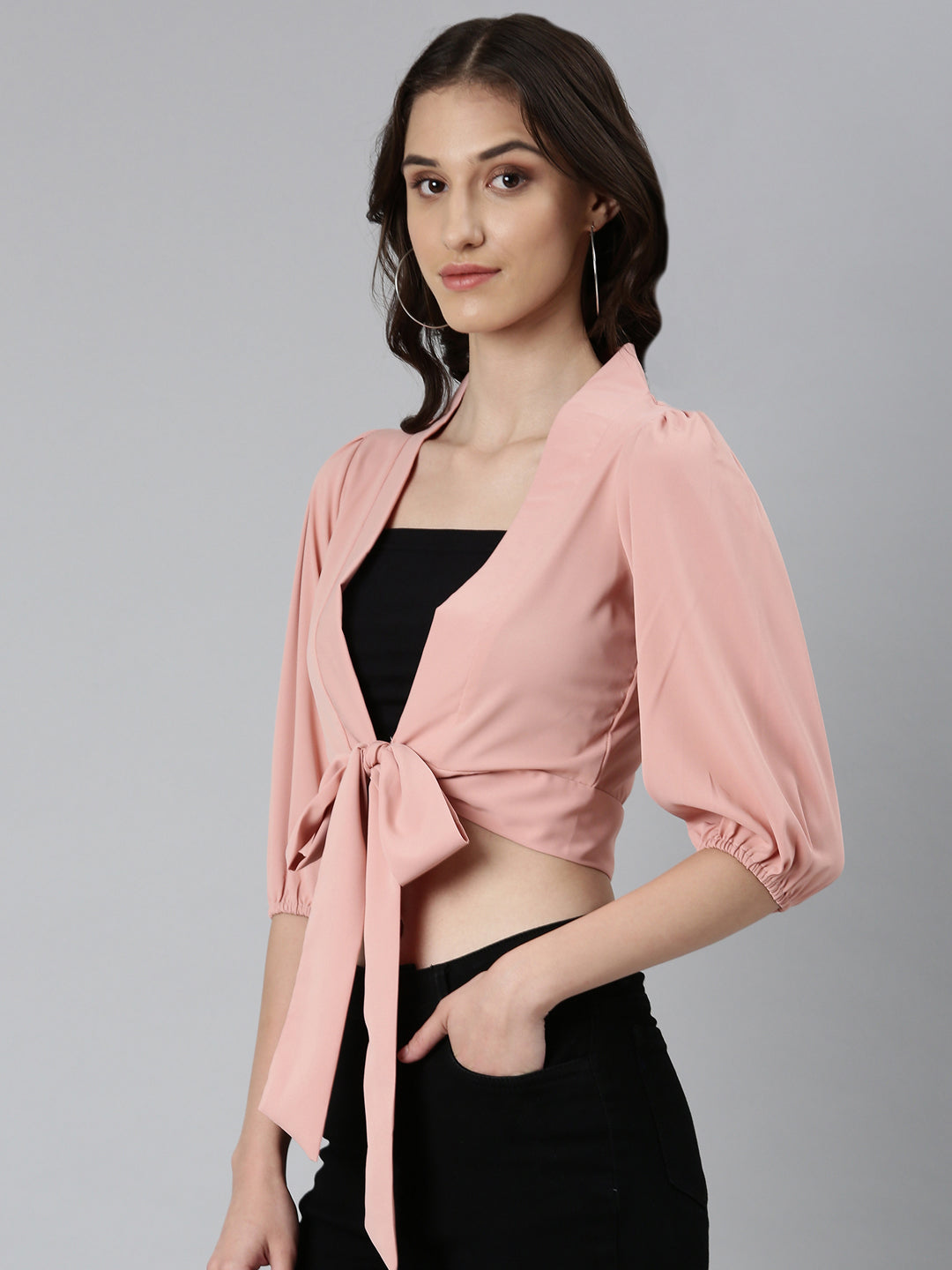 Women Peach Solid Wrap Crop Top