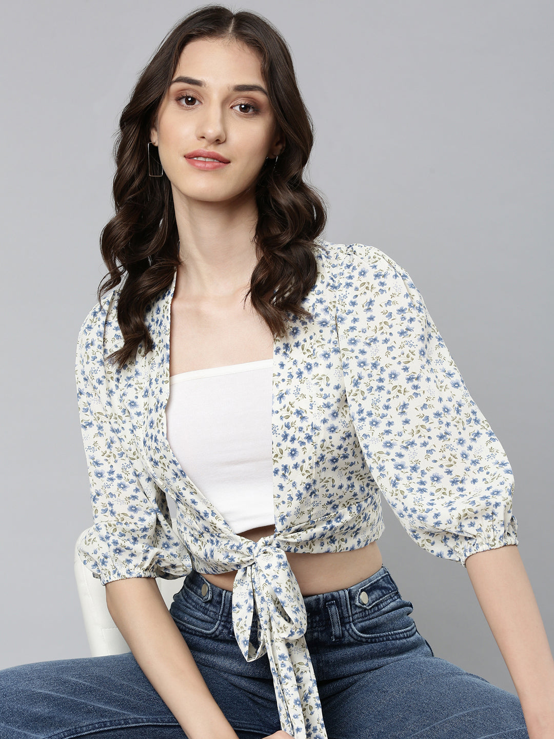 Women Cream Floral Wrap Crop Top