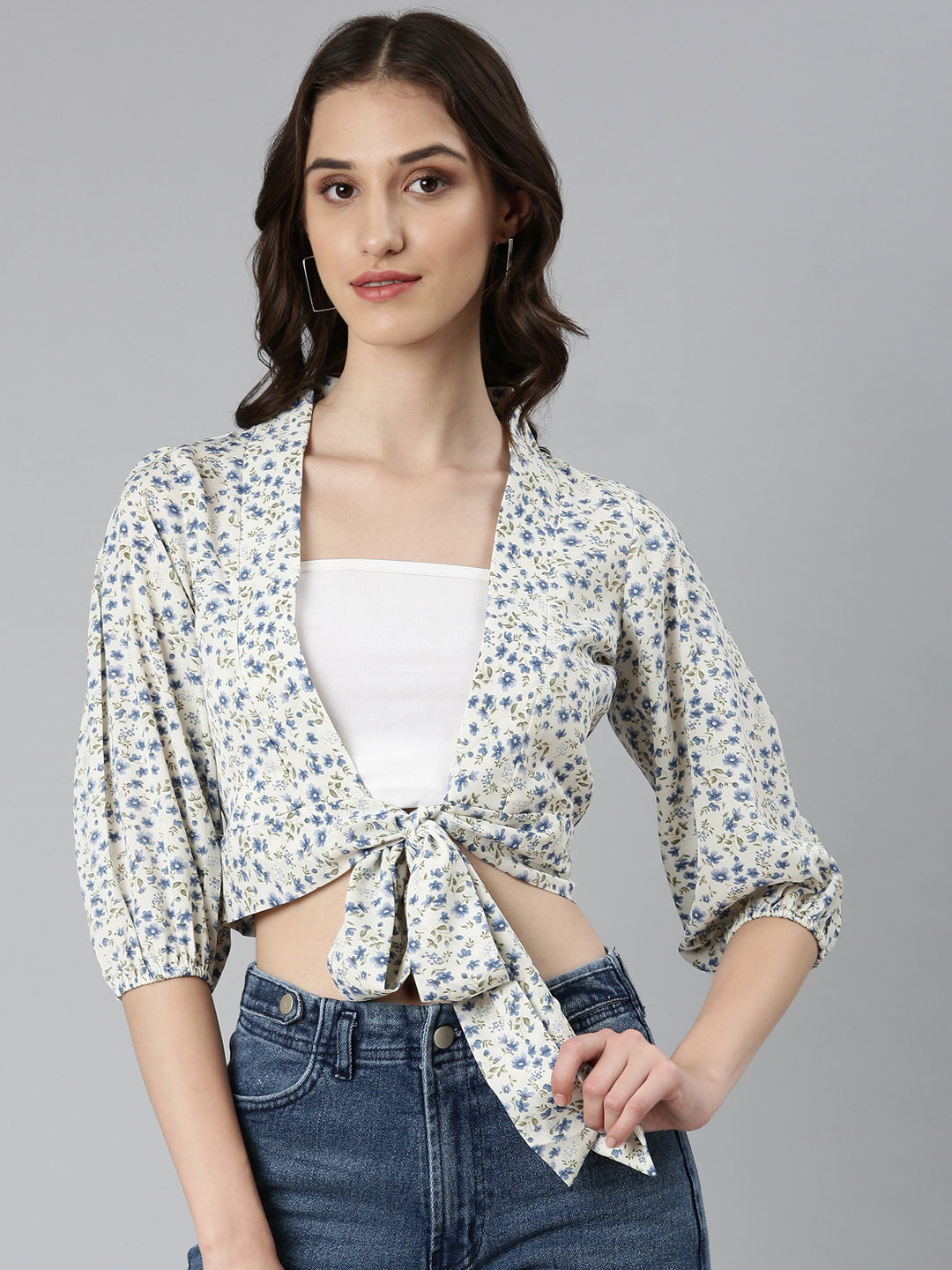 Women Cream Floral Wrap Crop Top