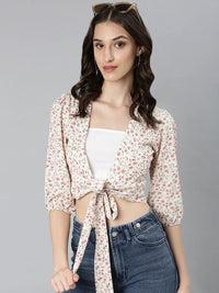 Women's Cream Floral Printed Puff Sleeves Wrap Crop Top