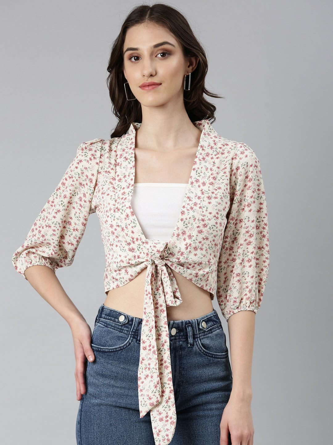 Women Cream Floral Wrap Crop Top