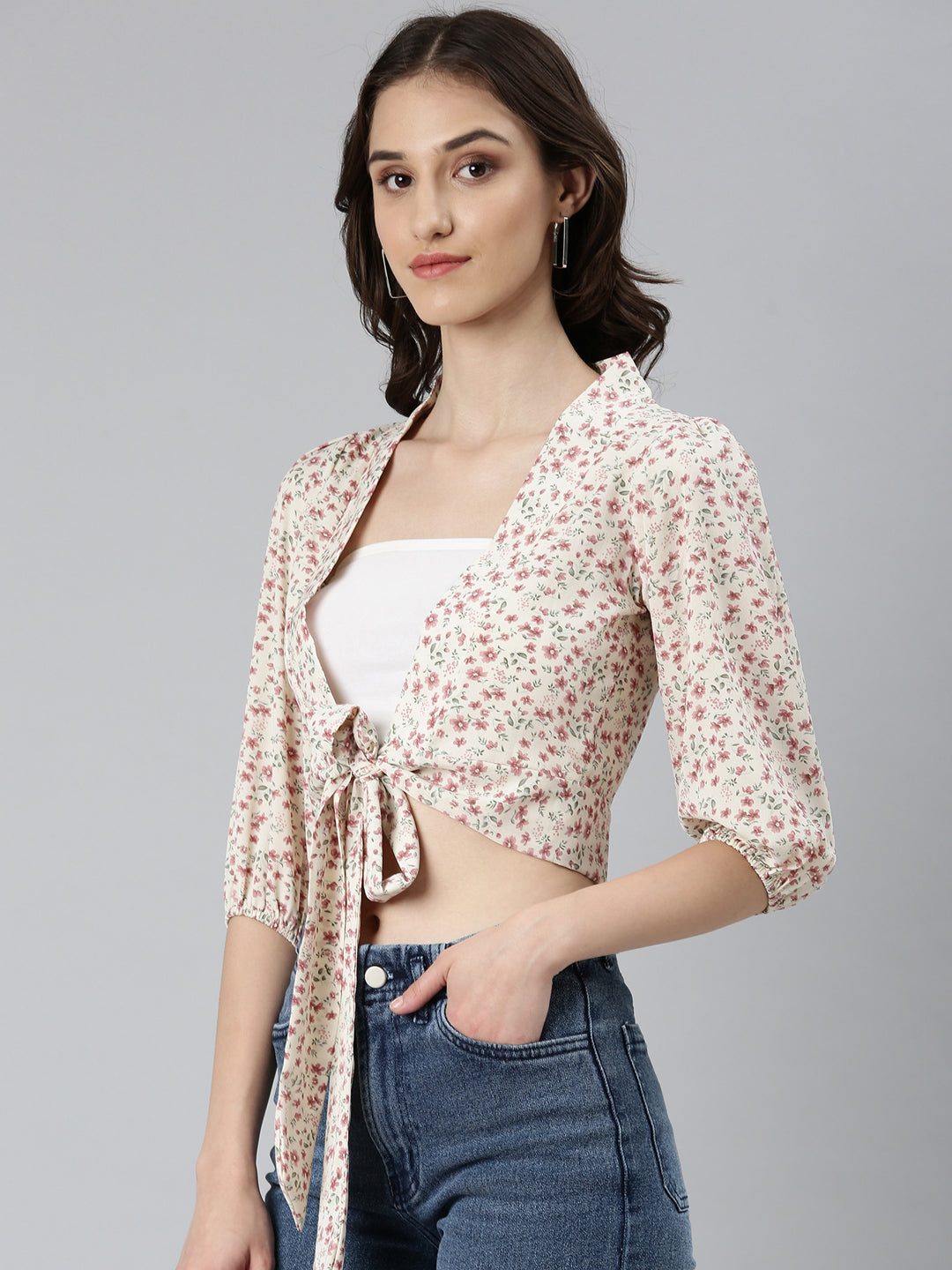 Women Cream Floral Wrap Crop Top