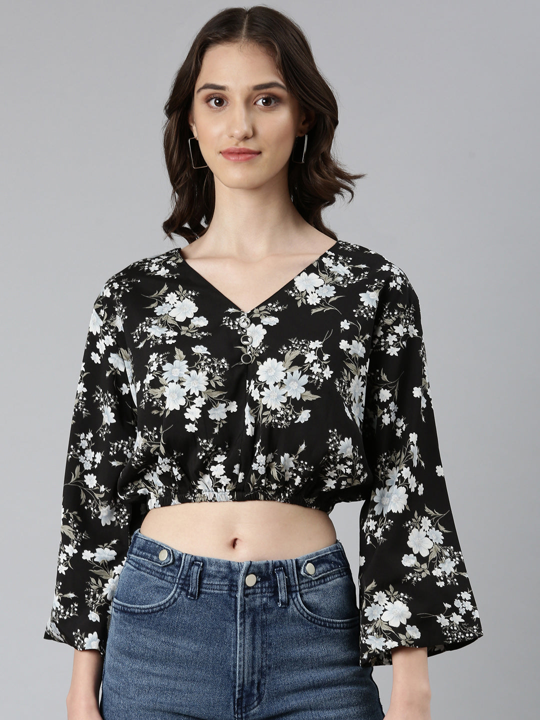 Women Black Floral Blouson Crop Top