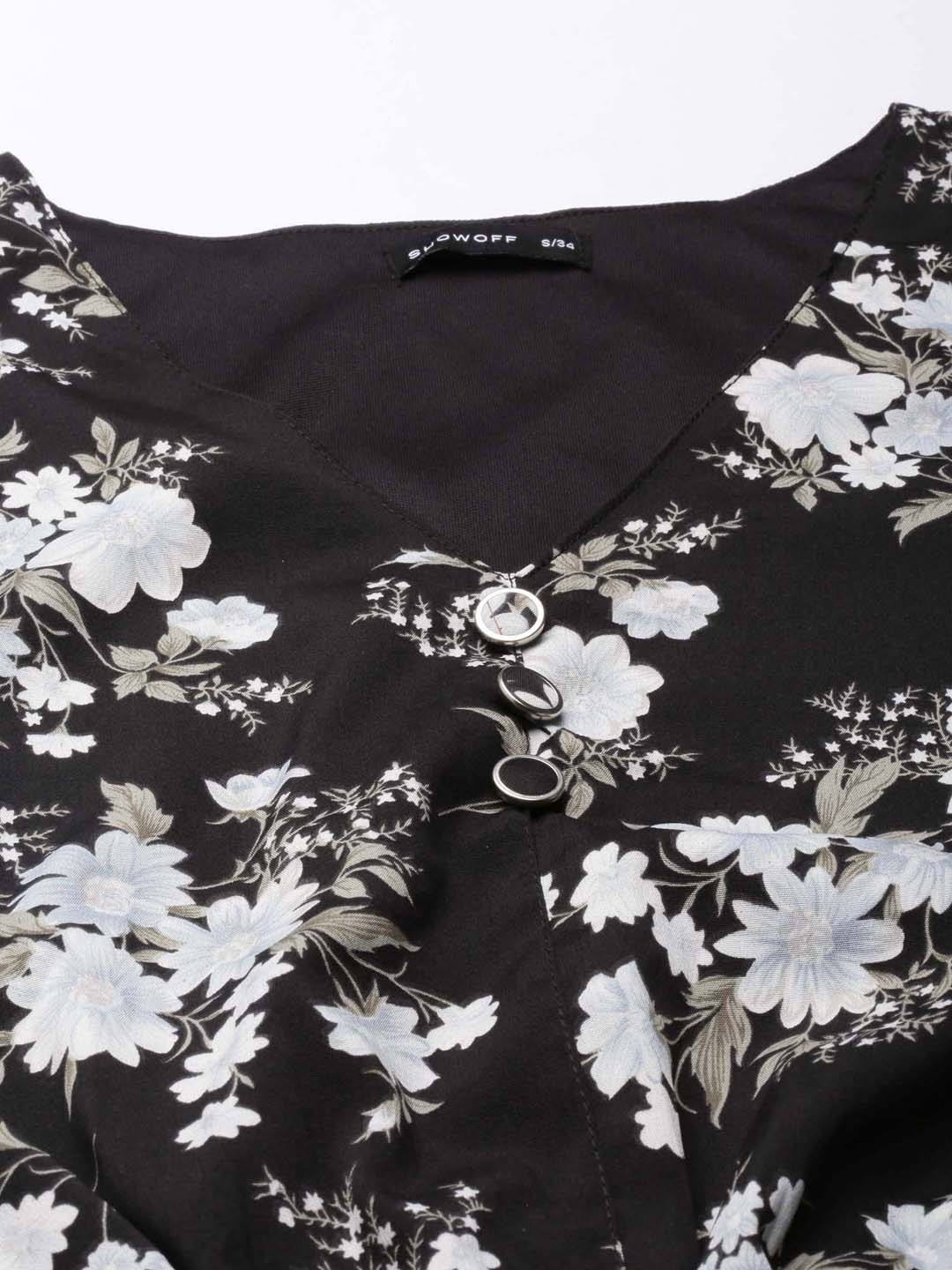 Women Black Floral Blouson Crop Top