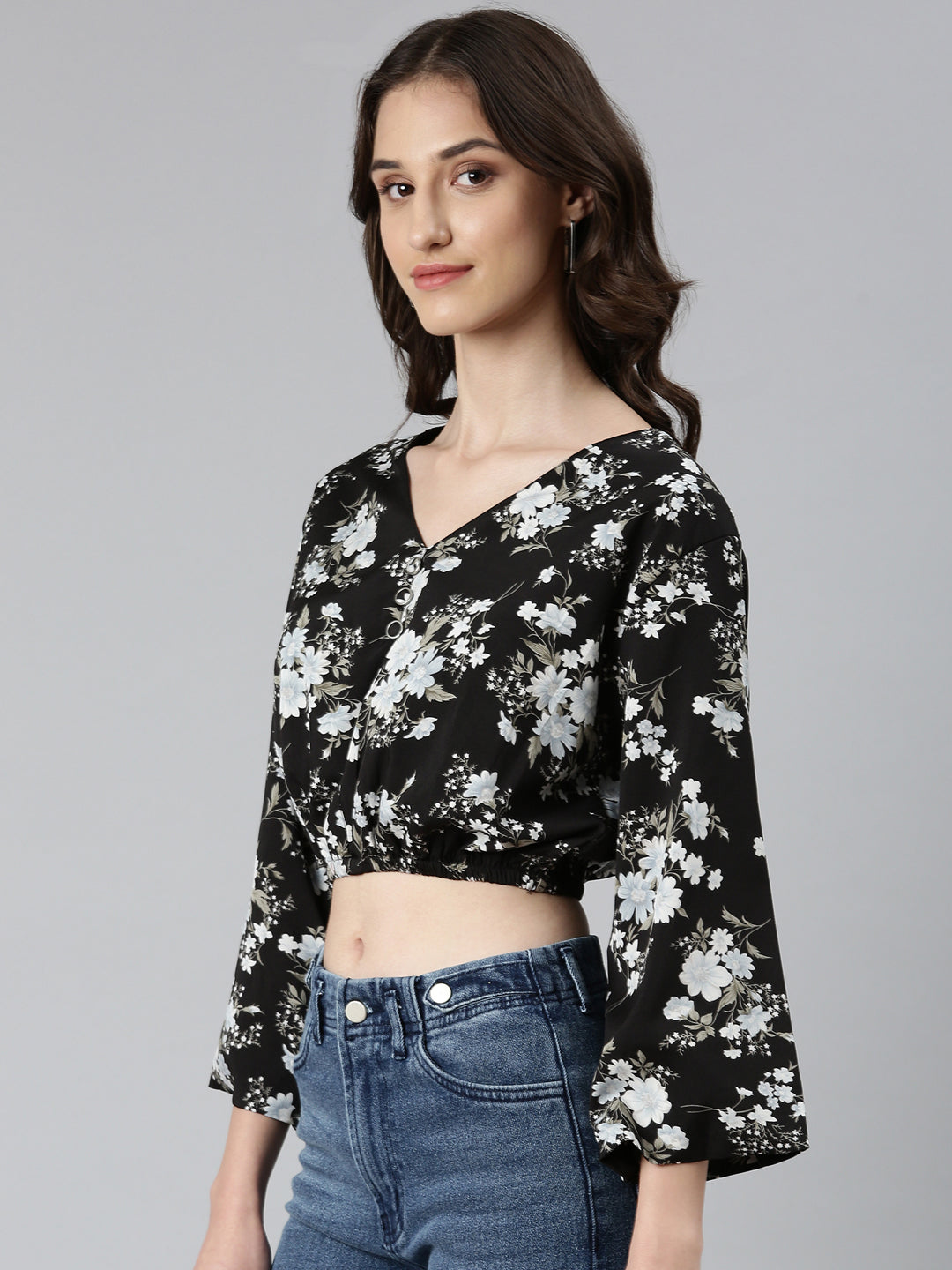 Women Black Floral Blouson Crop Top