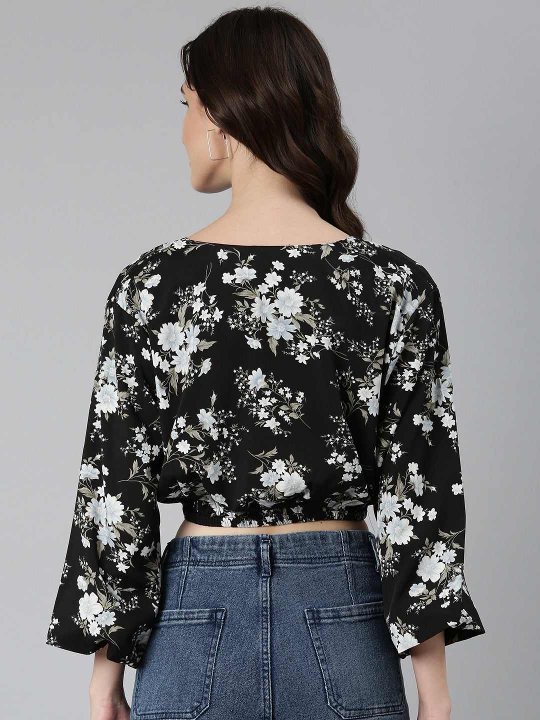 Women Black Floral Blouson Crop Top