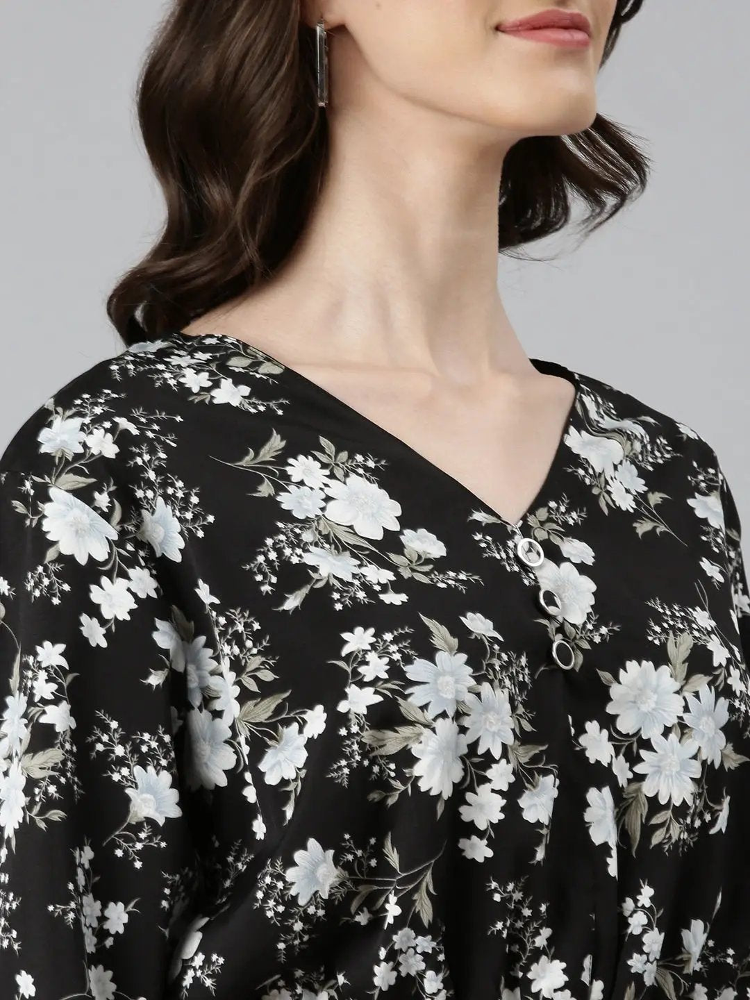 Buy Women's Black Floral Printed Flared Sleeves Blouson Crop Top