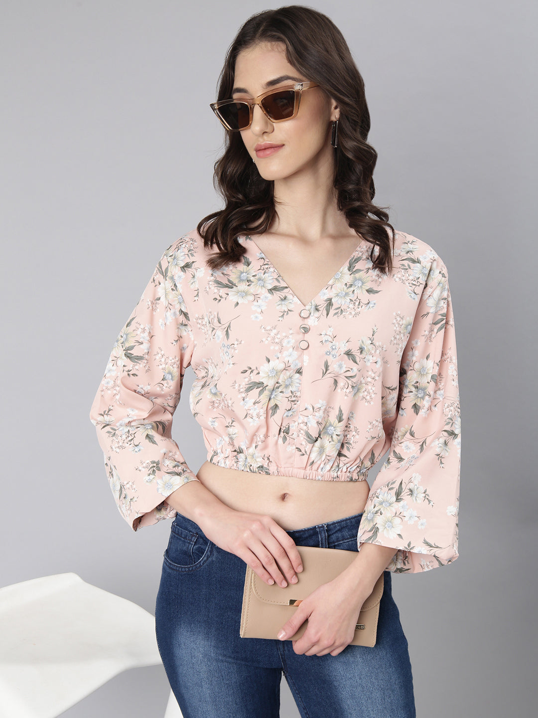 Women Peach Floral Blouson Crop Top