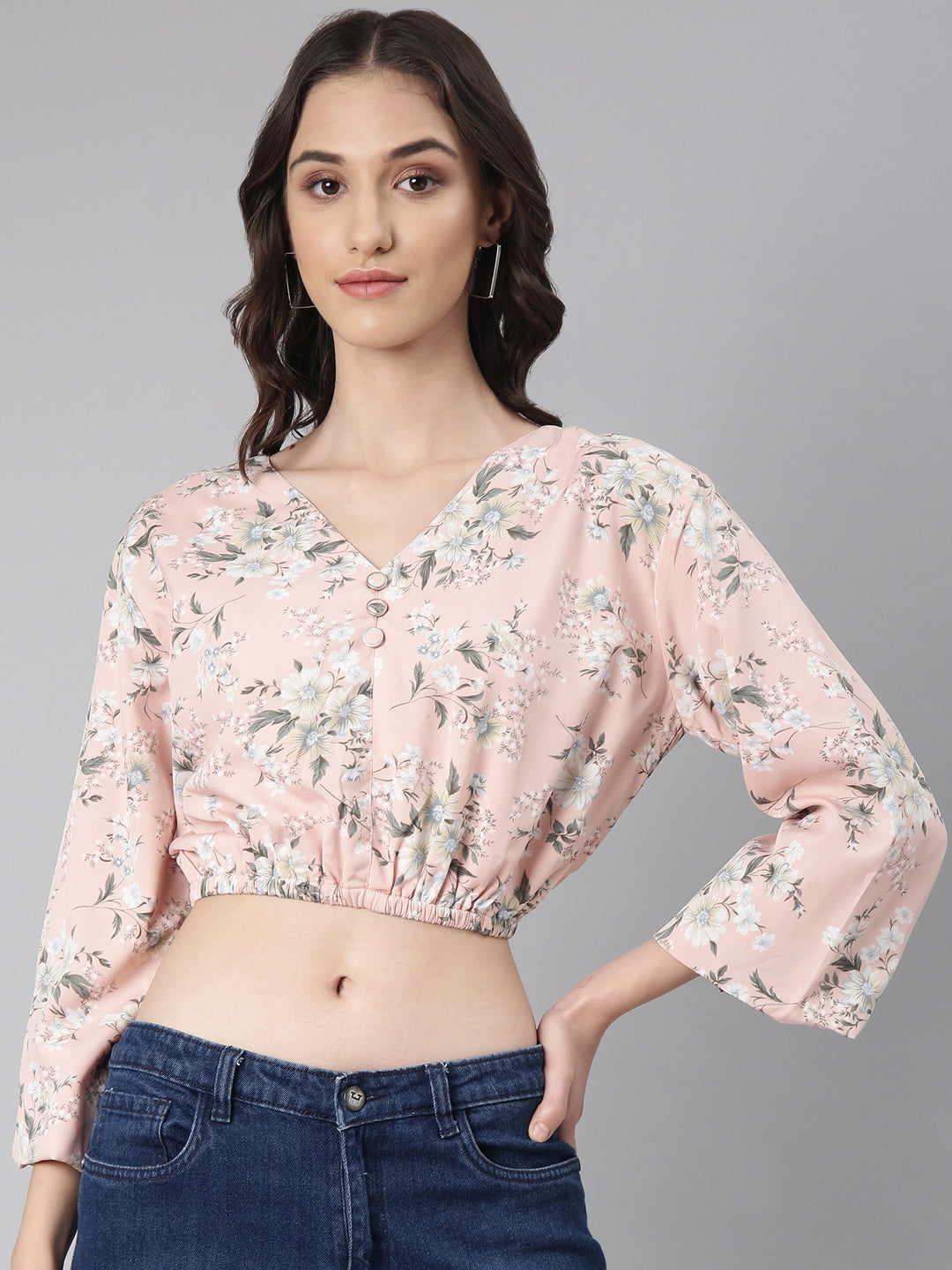 Women Peach Floral Blouson Crop Top