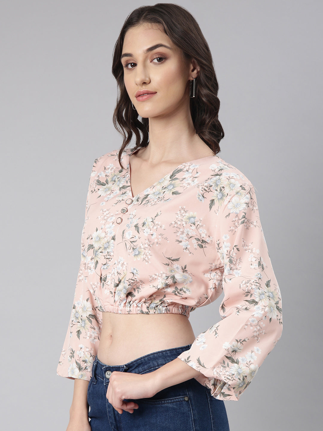 Women Peach Floral Blouson Crop Top