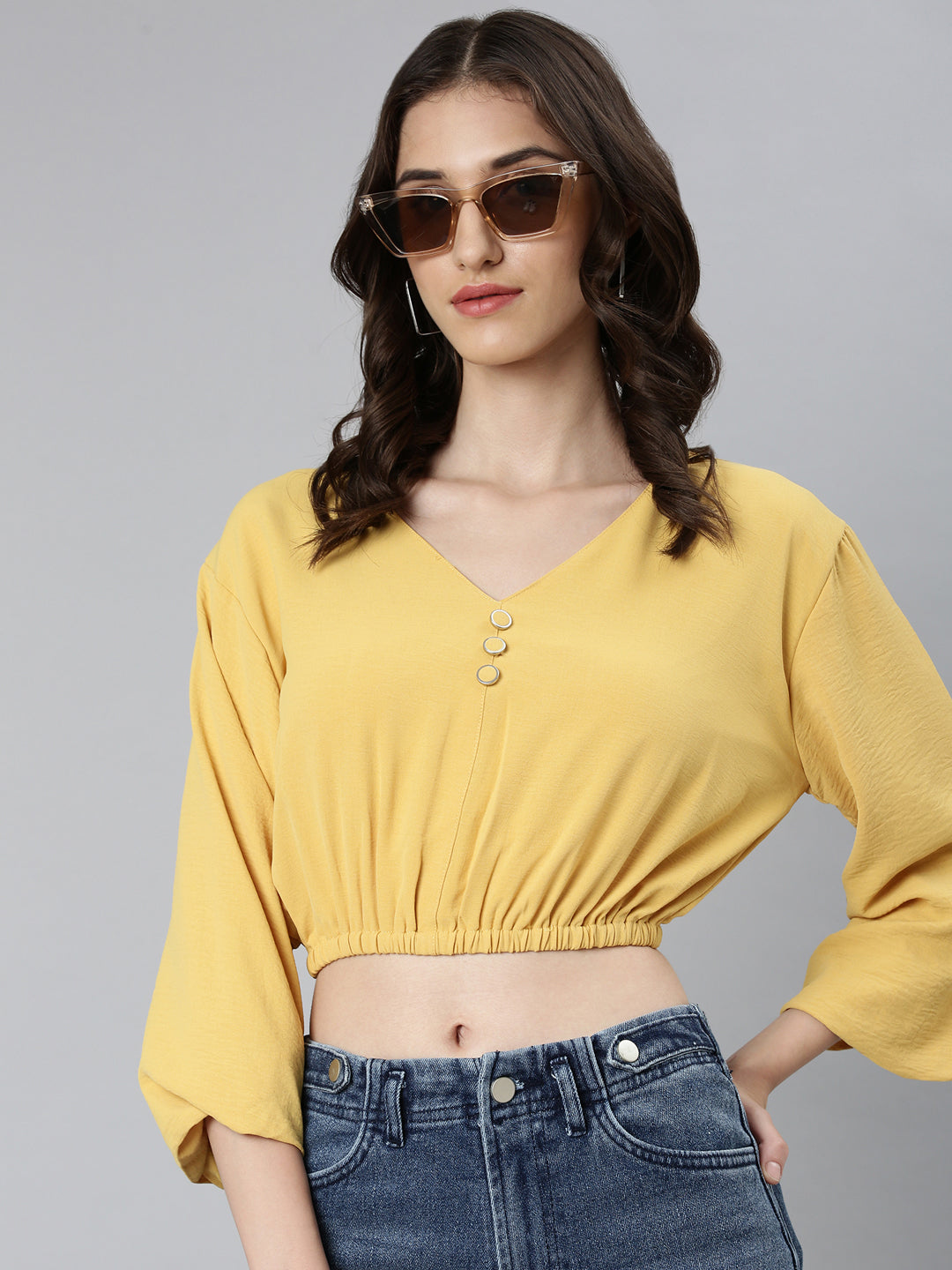 Women Mustard Solid Blouson Crop Top