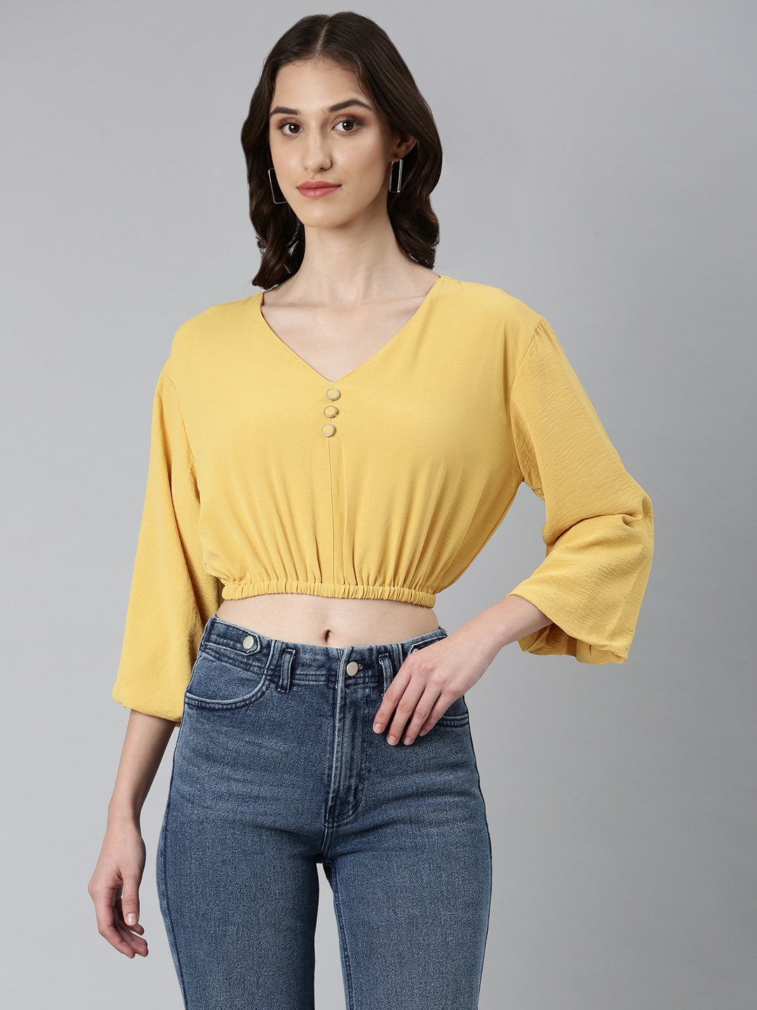 Women Mustard Solid Blouson Crop Top