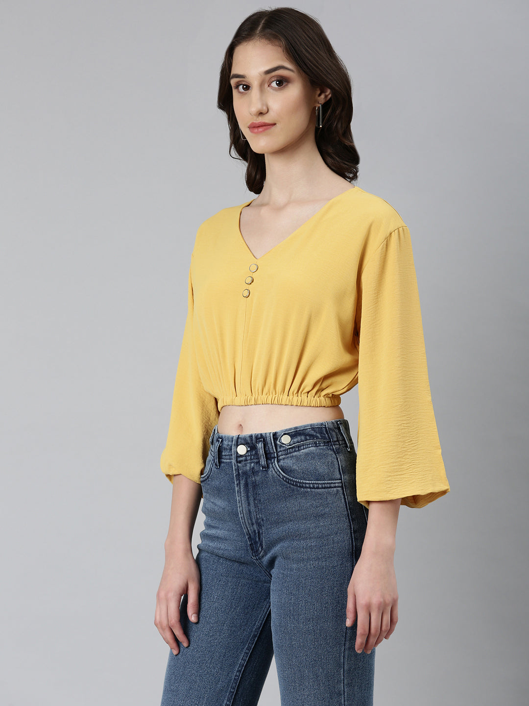 Women Mustard Solid Blouson Crop Top