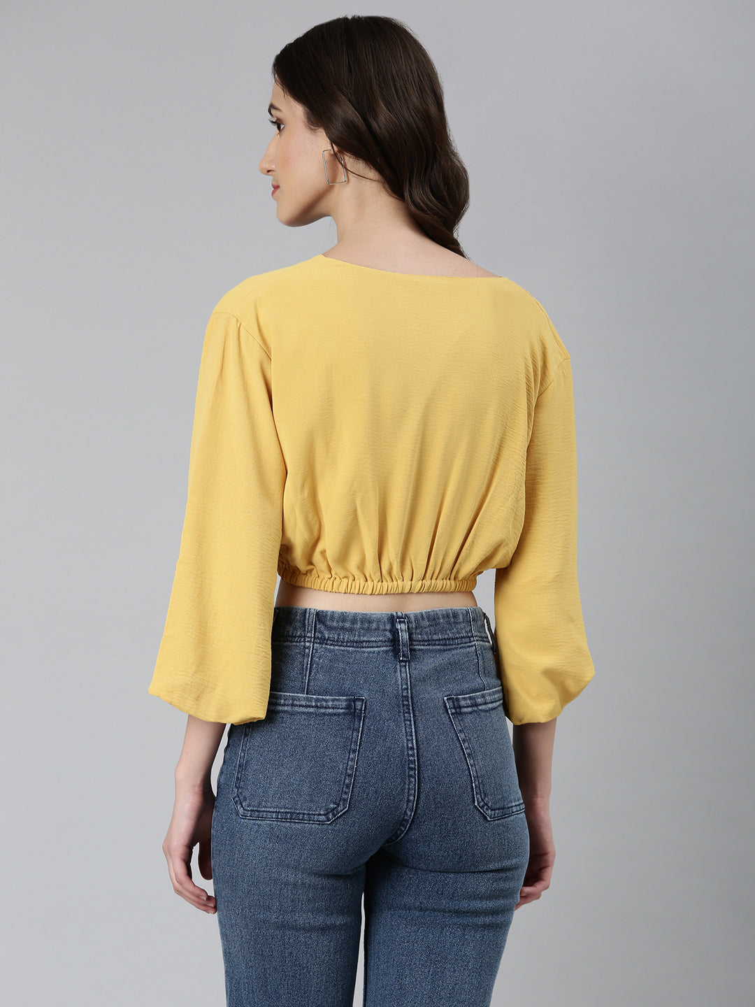 Women Mustard Solid Blouson Crop Top