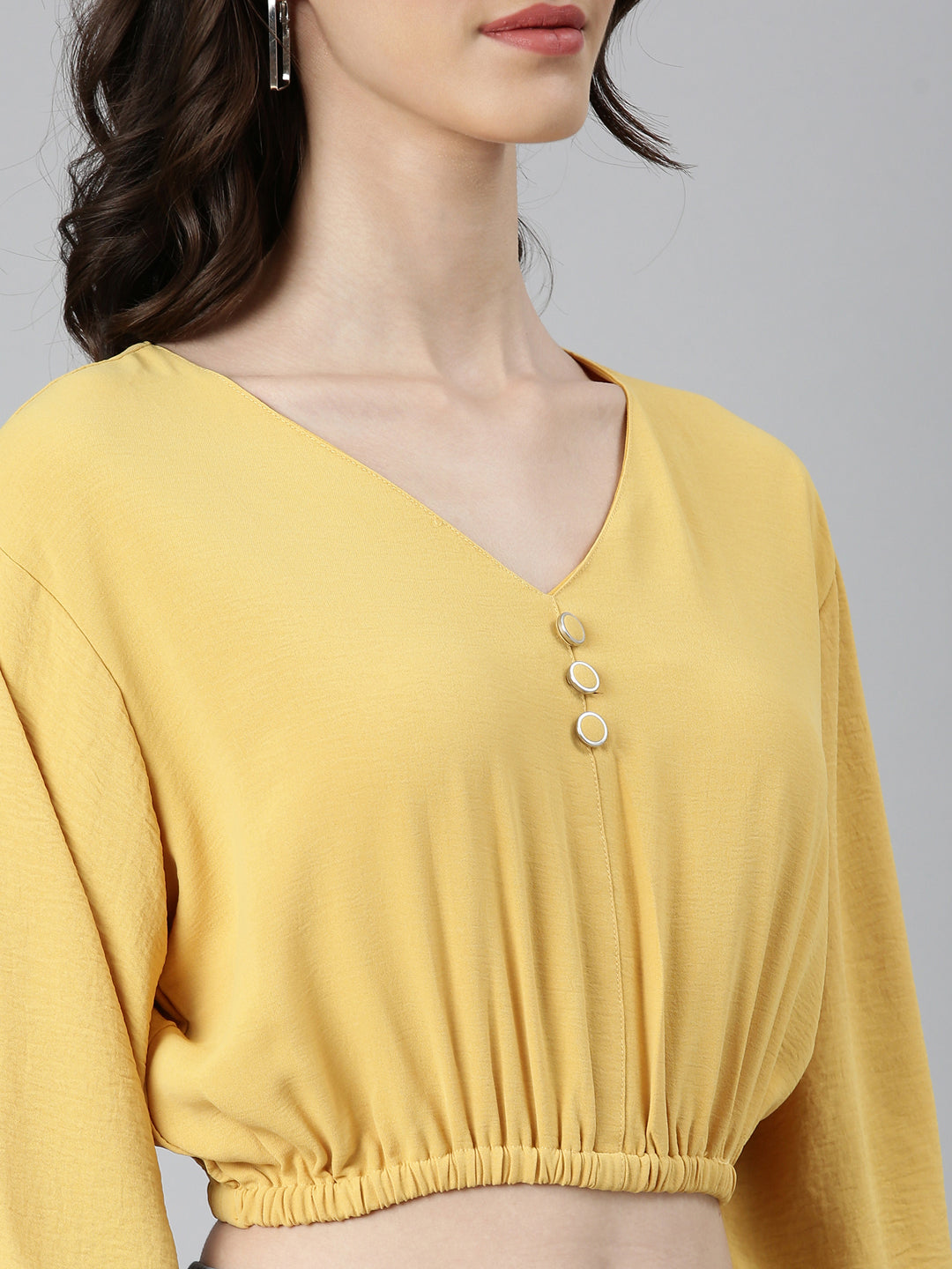 Women Mustard Solid Blouson Crop Top