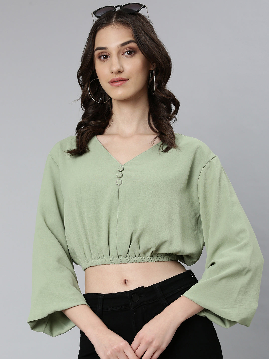 Women Sea Green Solid Blouson Crop Top