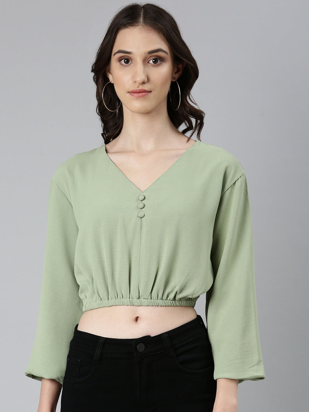 Women Sea Green Solid Blouson Crop Top