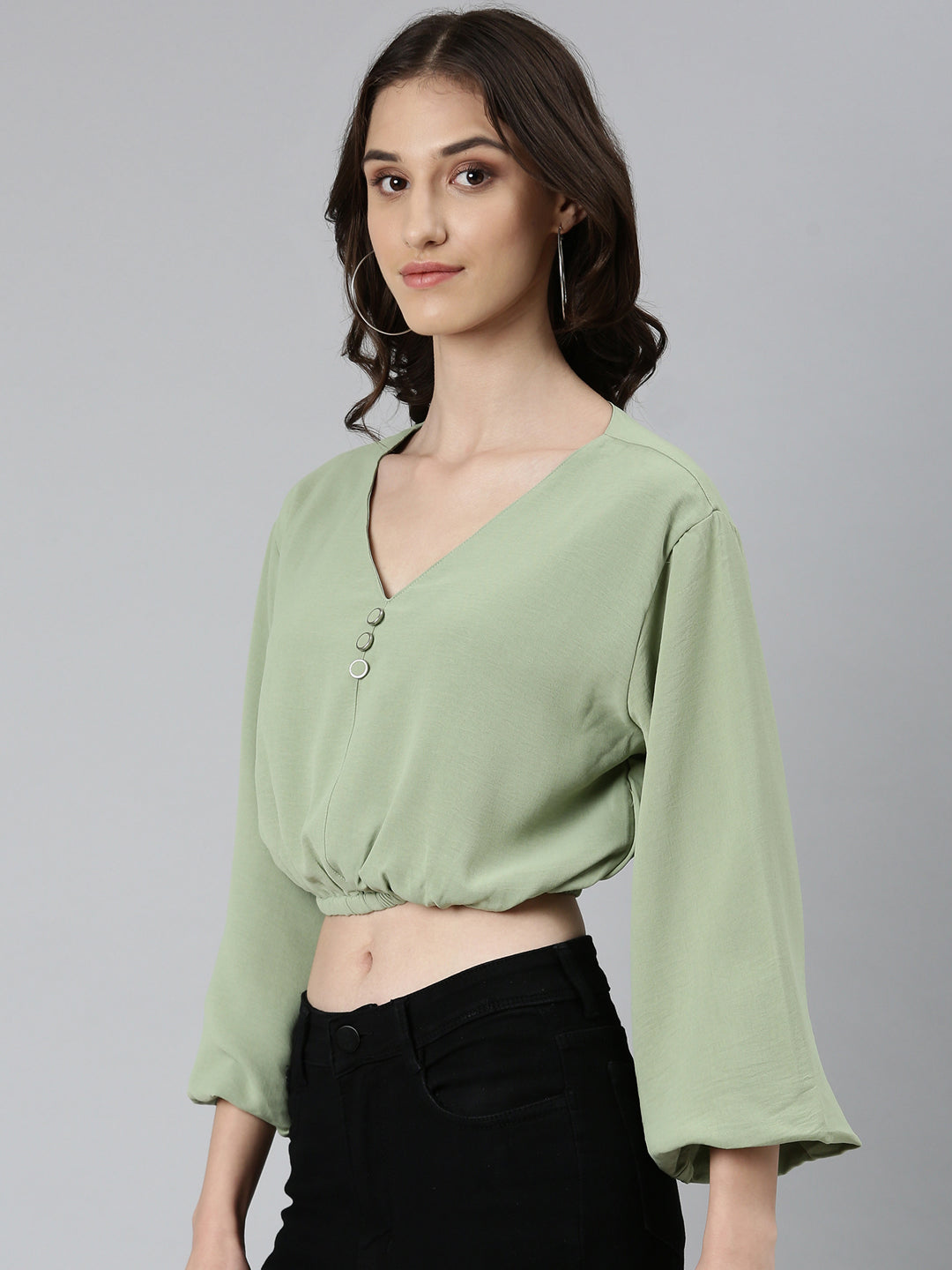 Women Sea Green Solid Blouson Crop Top