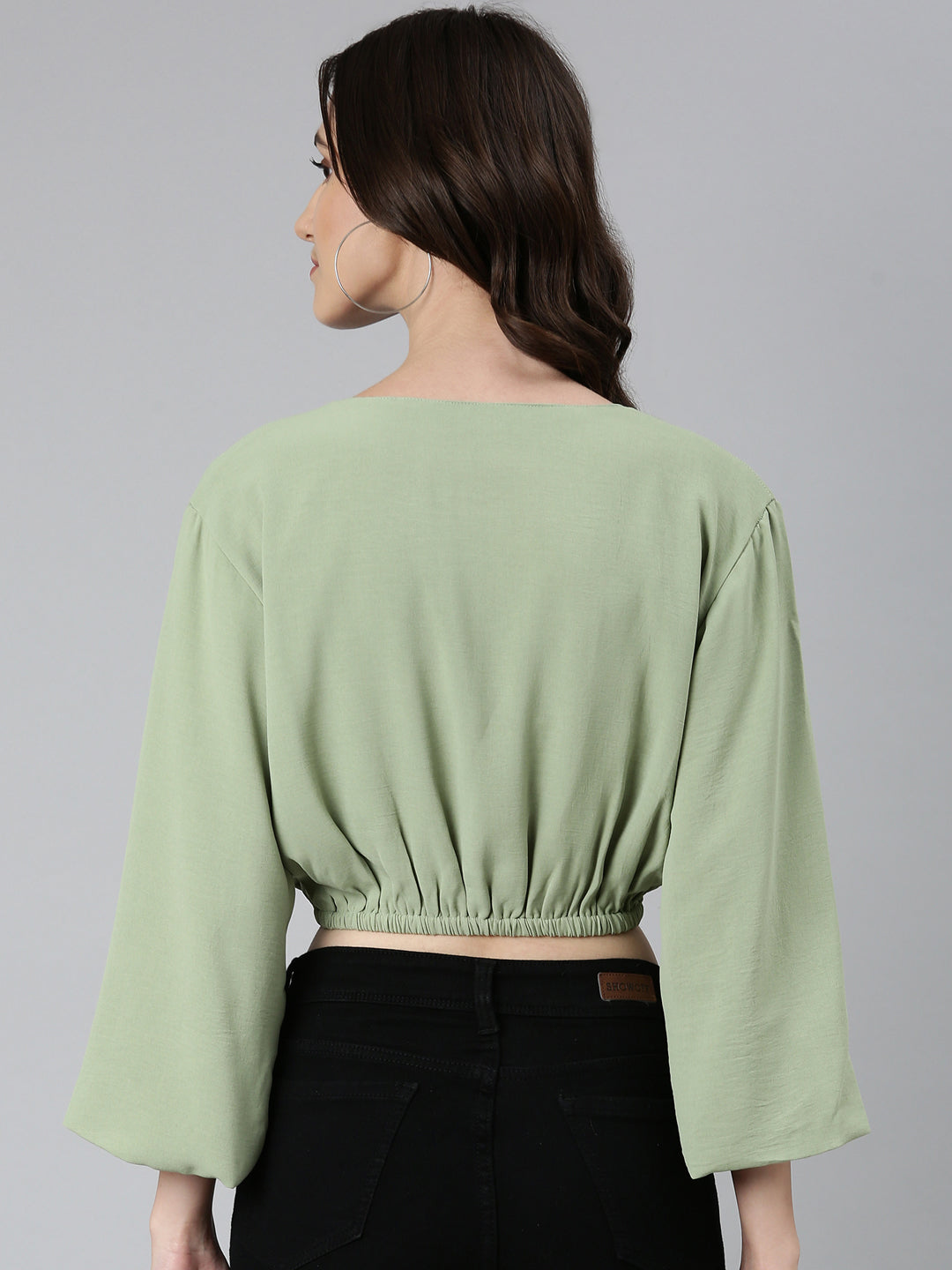 Women Sea Green Solid Blouson Crop Top