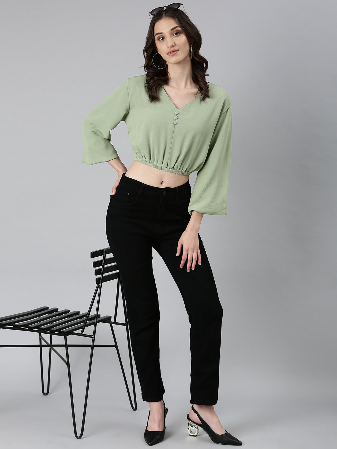 Women Sea Green Solid Blouson Crop Top