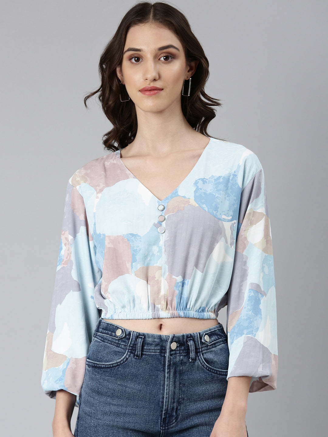 Women Blue Printed Blouson Crop Top