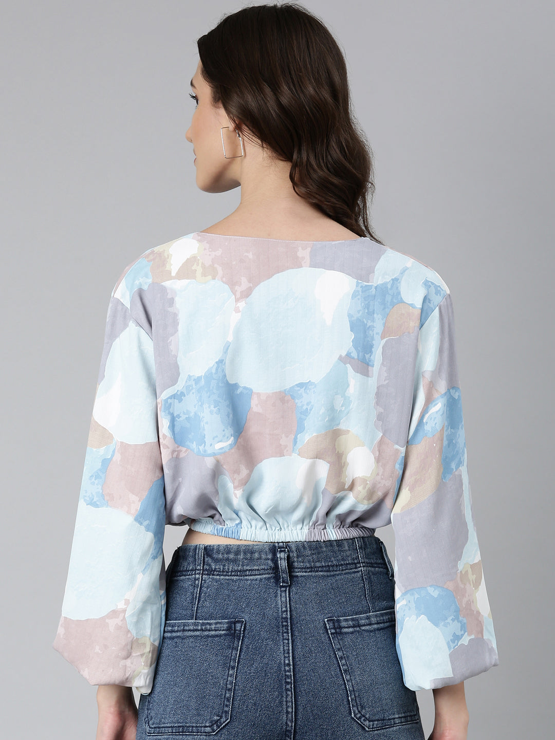 Women Blue Printed Blouson Crop Top