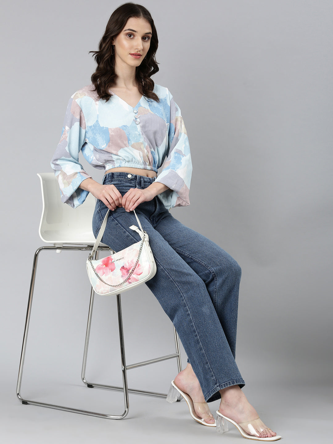 Women Blue Printed Blouson Crop Top