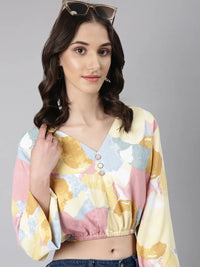 Women's Yellow Abstract Printed Blouson Crop Top