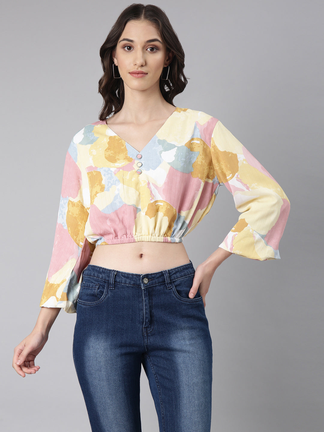 Women Yellow Printed Blouson Crop Top