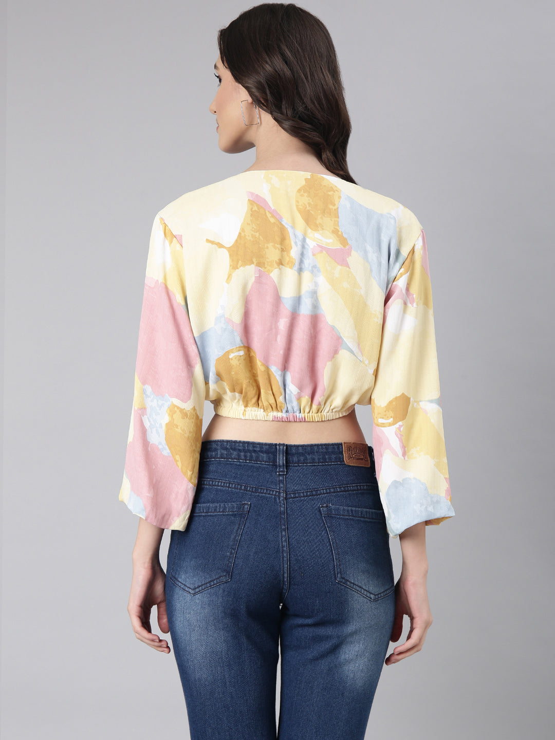 Women Yellow Printed Blouson Crop Top