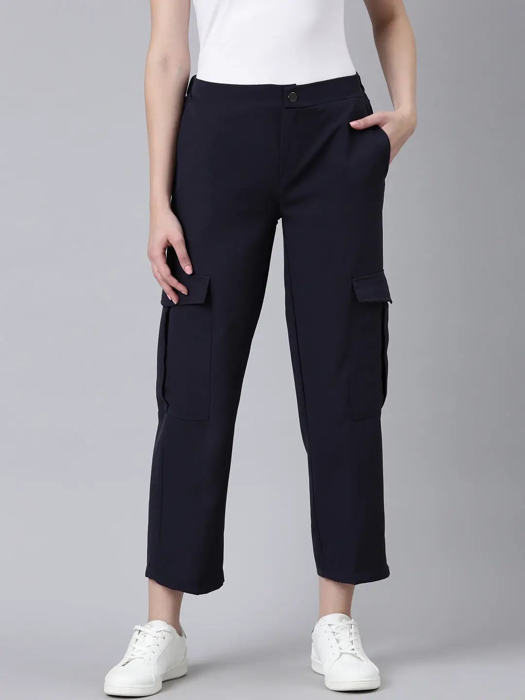 Women's Navy Blue Solid Cargos