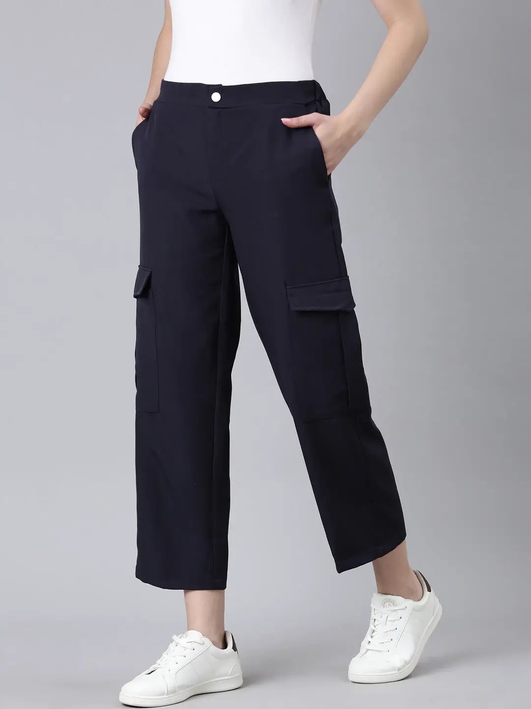 Women's Navy Blue Solid Cargos