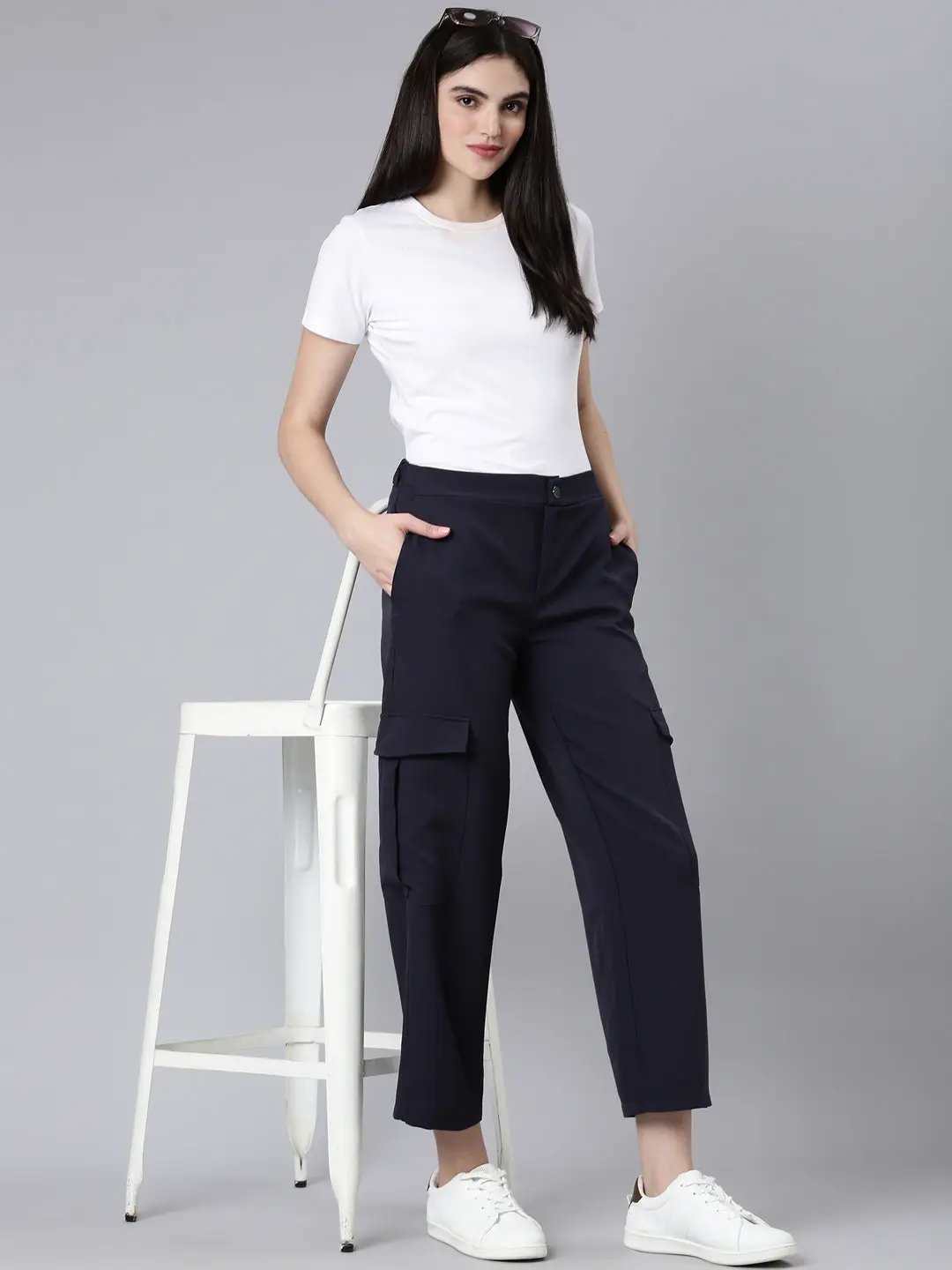 Women's Navy Blue Solid Cargos