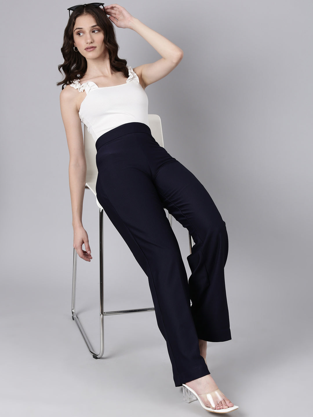Women's Navy Blue Straight Fit Striped Cotton Parallel Trousers