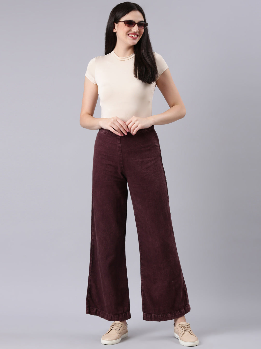 Women's Burgandy Wide Leg Clean Look Jeans