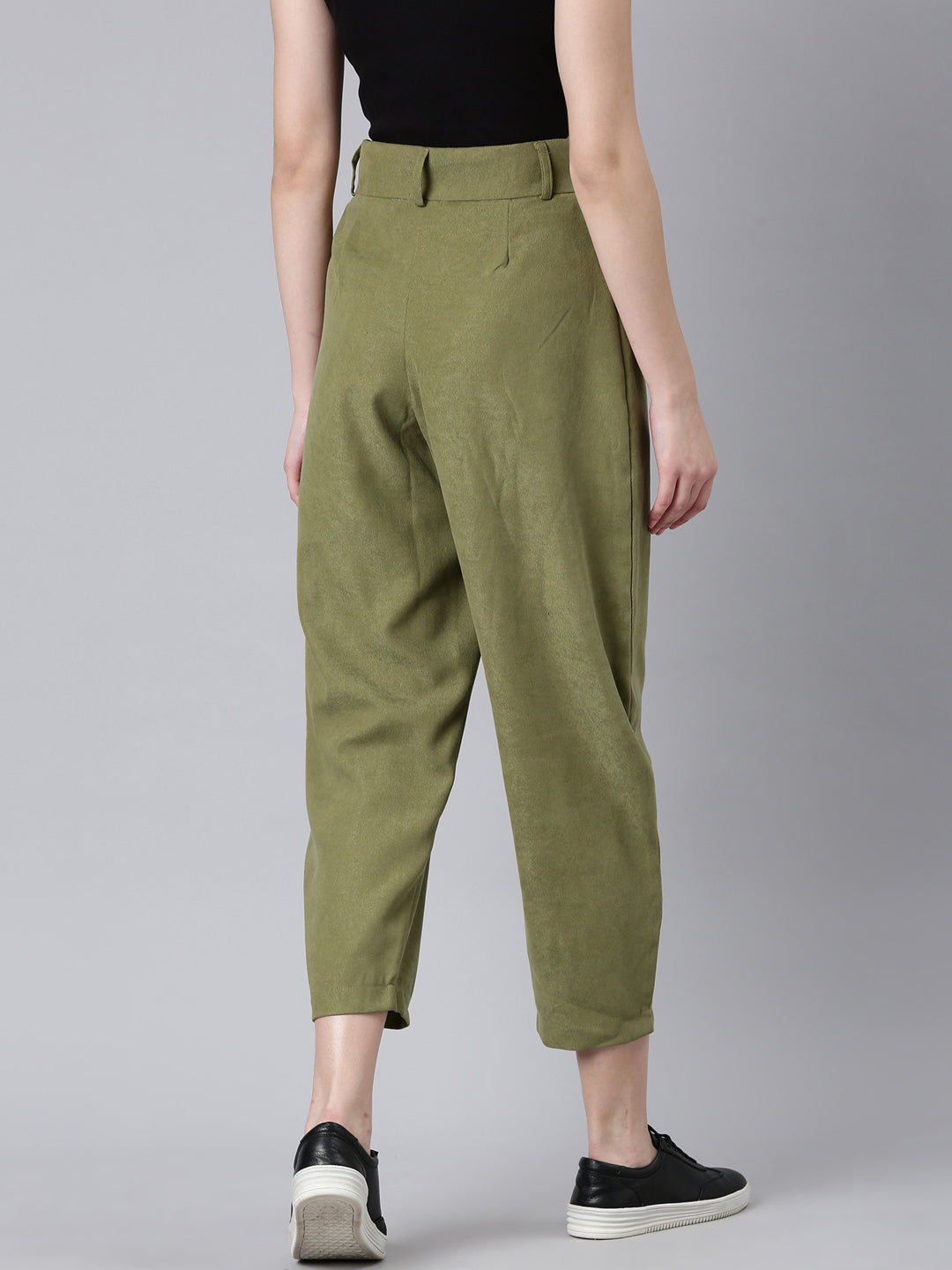 Women's Olive Straight Fit Pleated Cotton Cropped Peg Trousers