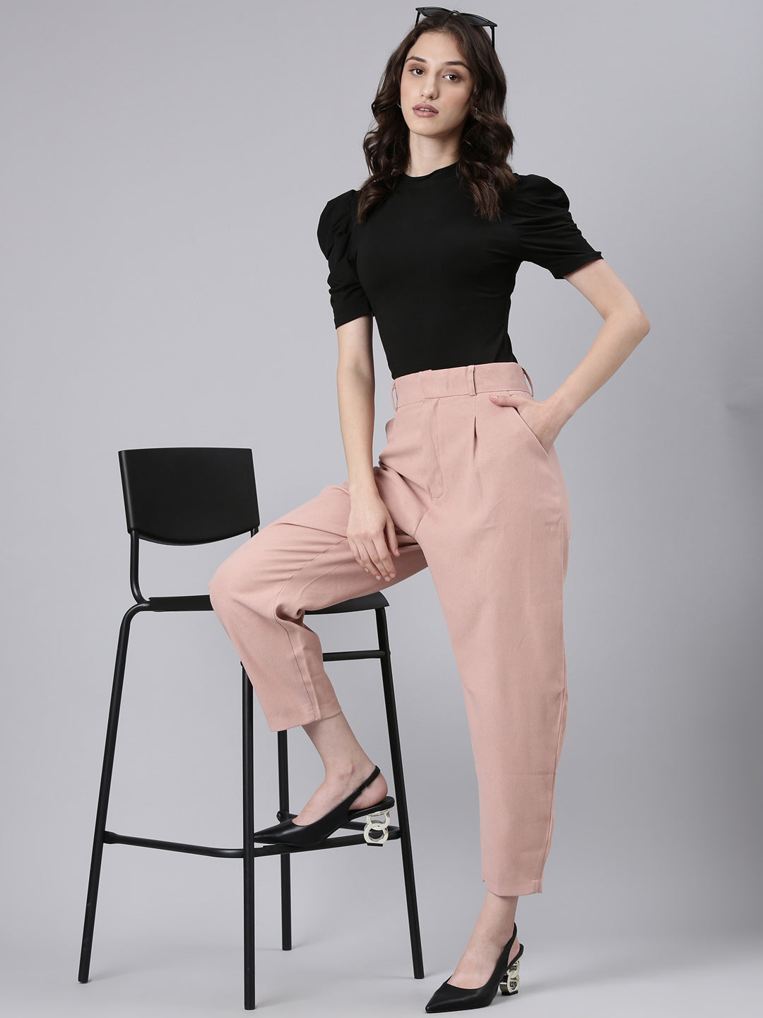 Women's Peach Straight Fit Cotton Cropped Peg Trousers