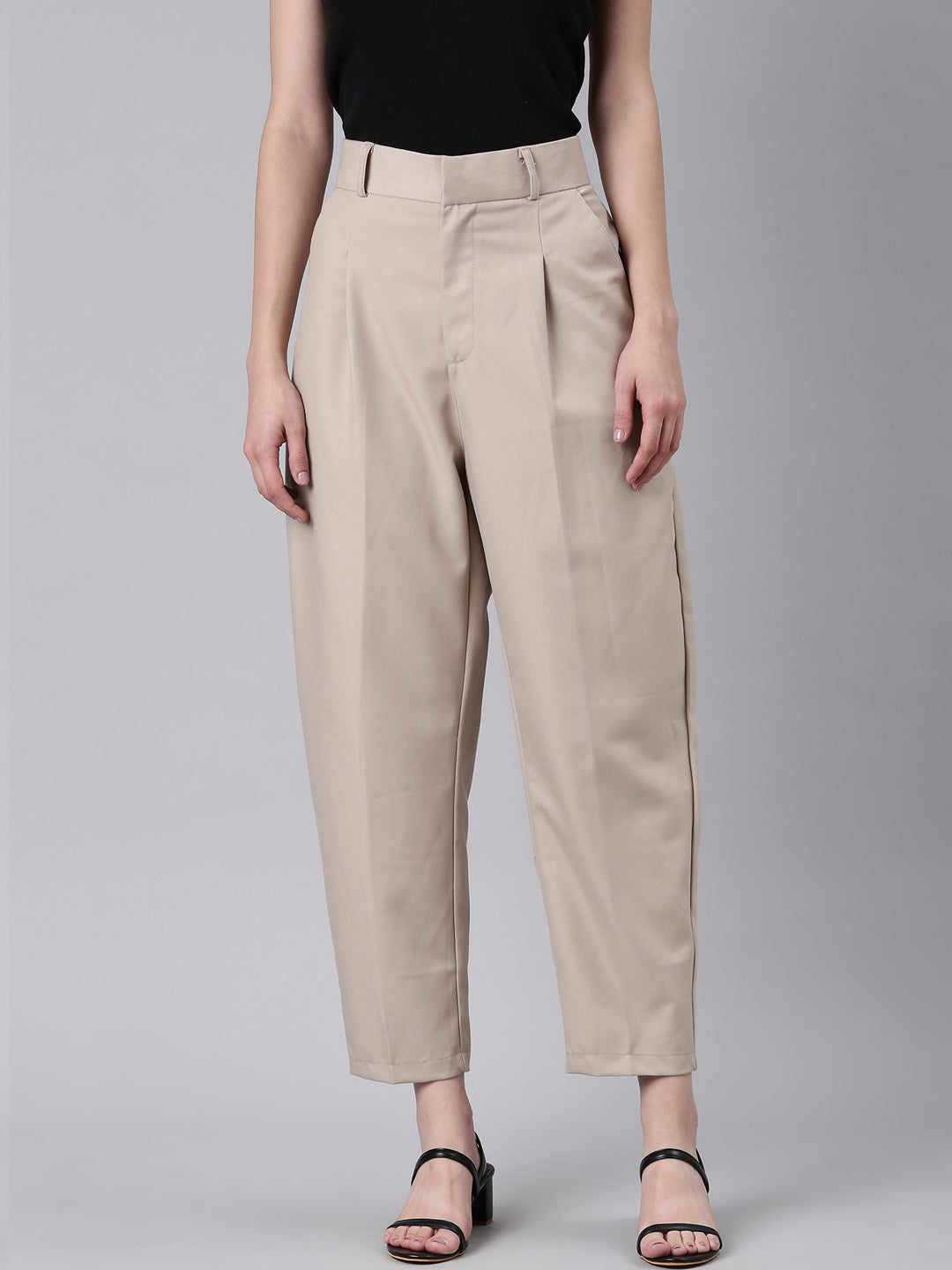 Women's Beige Mom Fit Pleated Cotton Cropped Peg Trousers