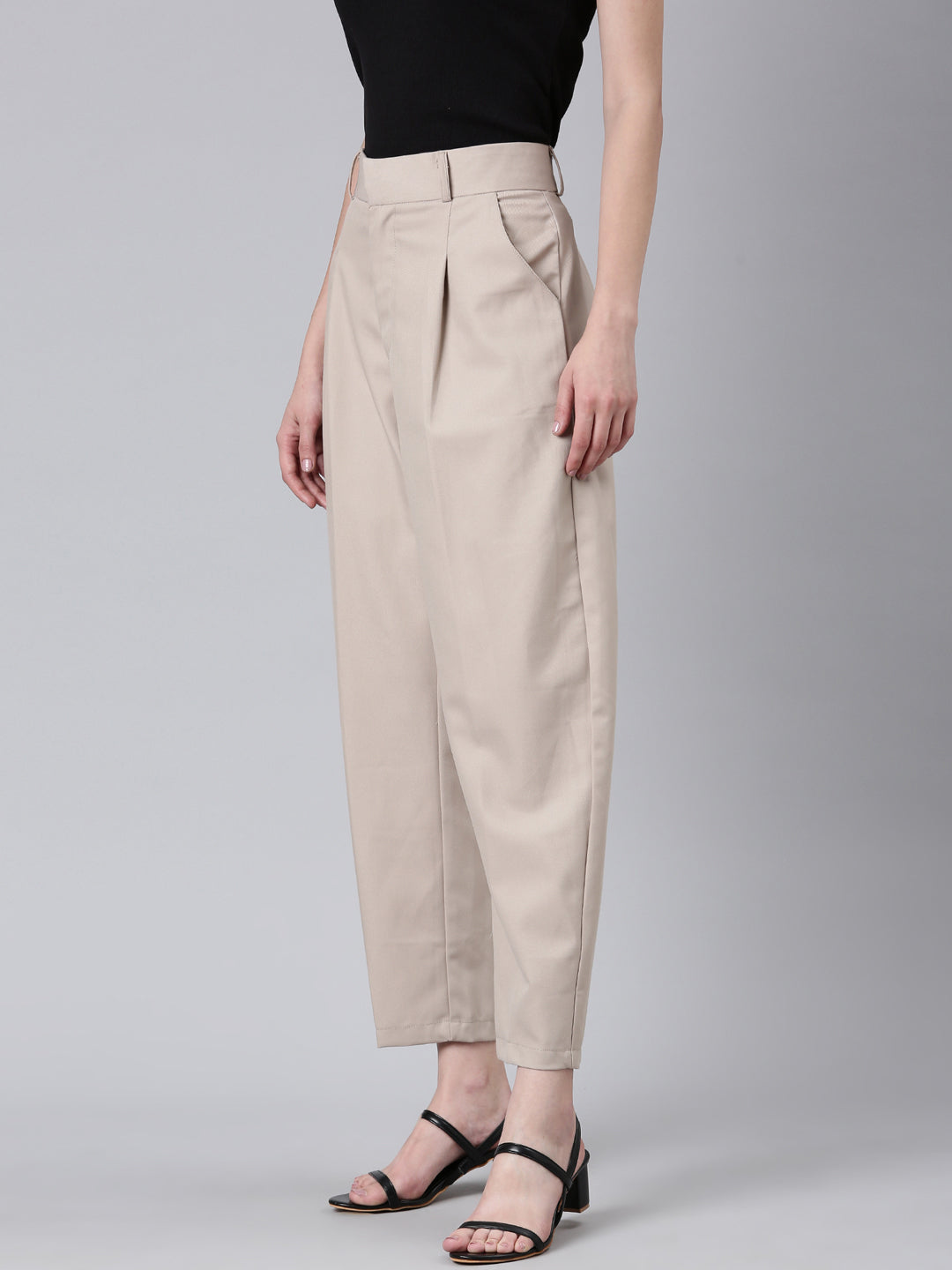 Women's Beige Mom Fit Pleated Cotton Cropped Peg Trousers