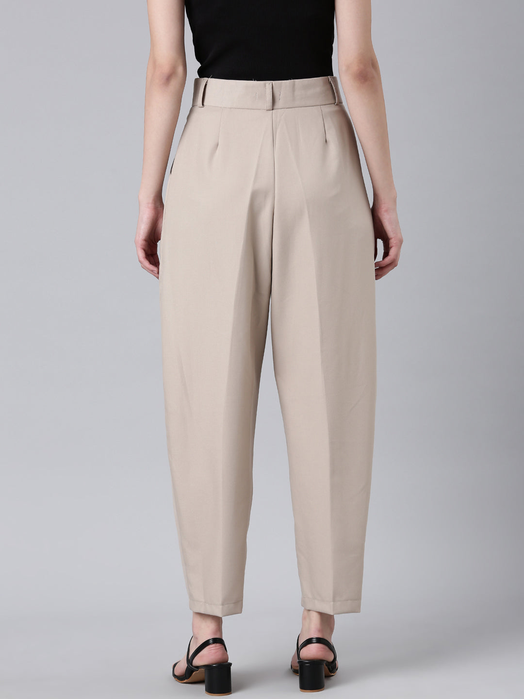 Women's Beige Mom Fit Pleated Cotton Cropped Peg Trousers