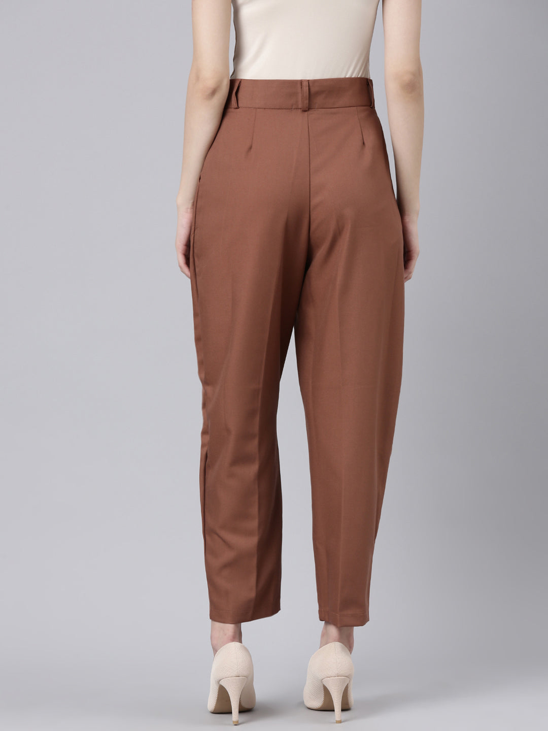 Women's Brown Mom Fit Pleated Fromal Trousers