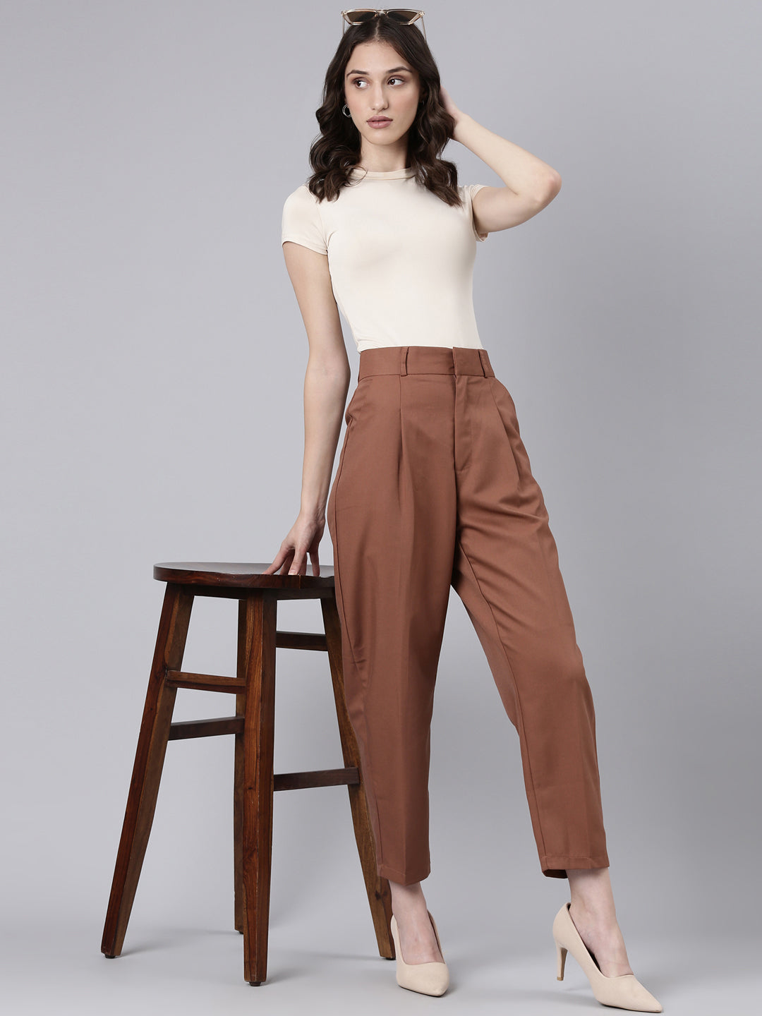 Women's Brown Mom Fit Pleated Fromal Trousers