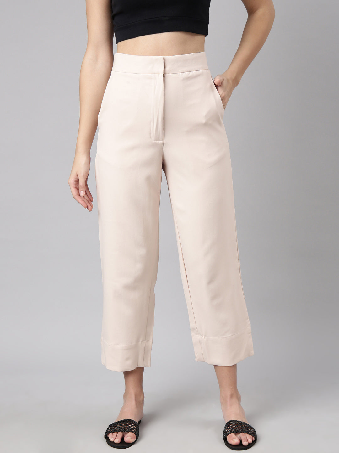 Women Solid Cream Parallel Trousers