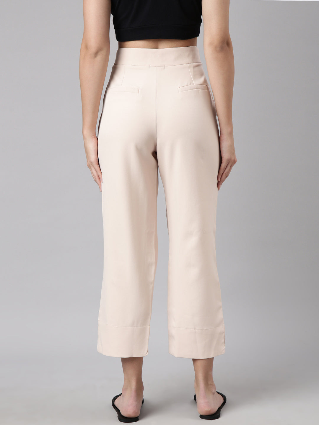 Women Solid Cream Parallel Trousers