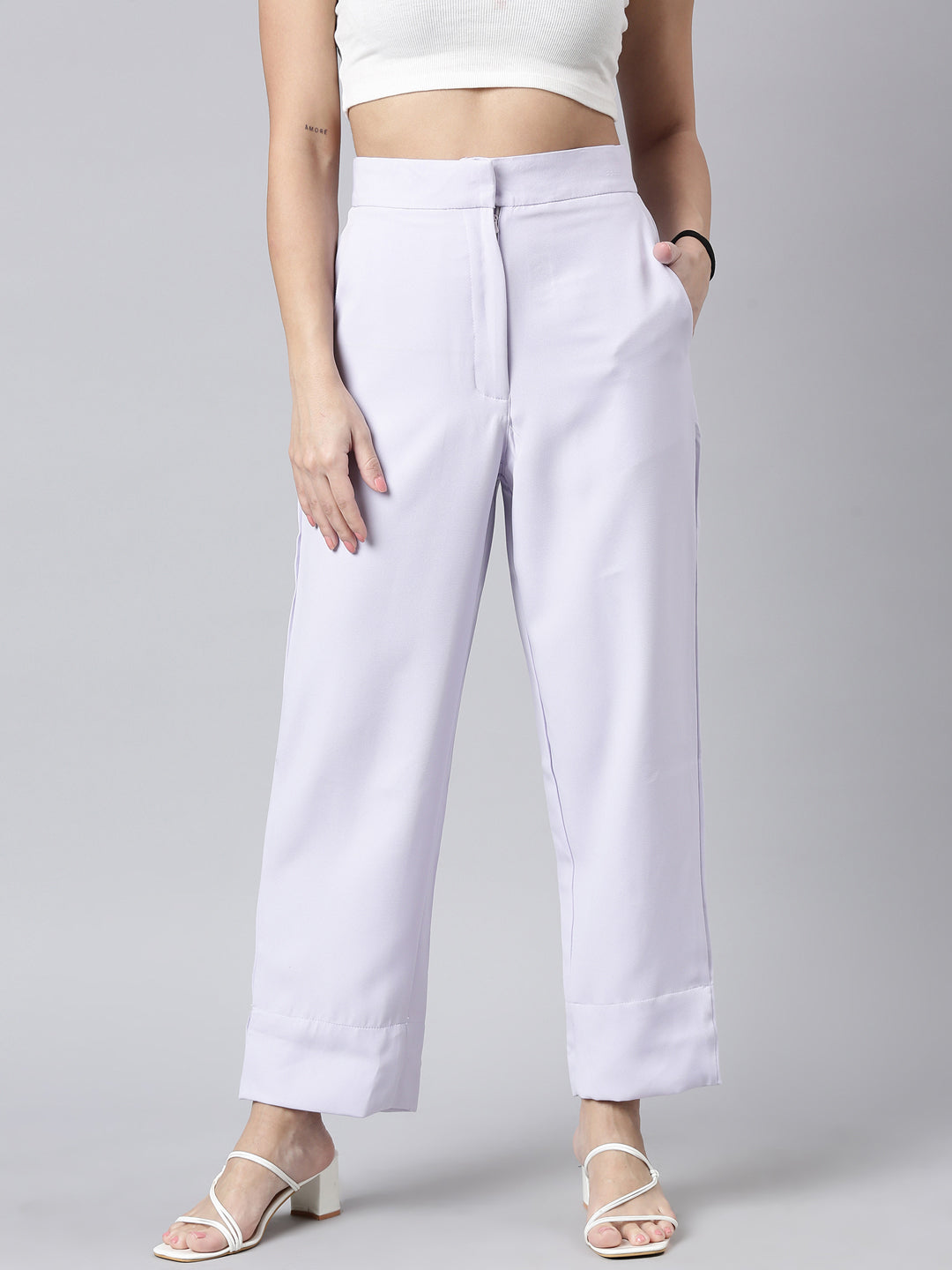 Women Solid Lavender Parallel Trousers