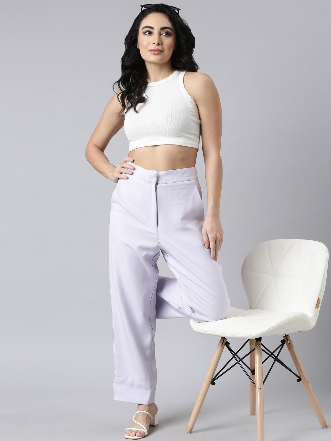 Women Solid Lavender Parallel Trousers