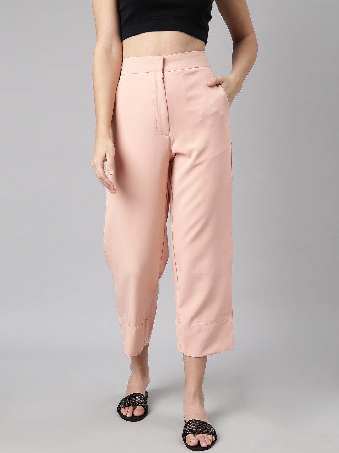 Women Solid Peach Parallel Trousers