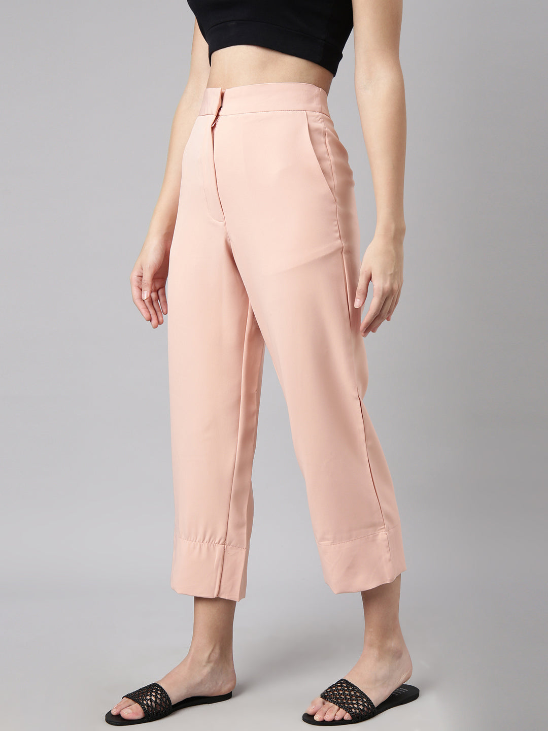 Women Solid Peach Parallel Trousers