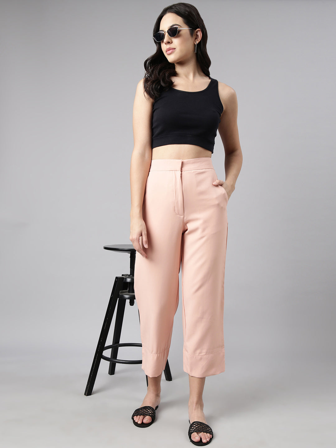 Women Solid Peach Parallel Trousers